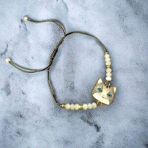 Gray-Green Knotted Cord Bracelet with Cute Lucky White Cat Charm